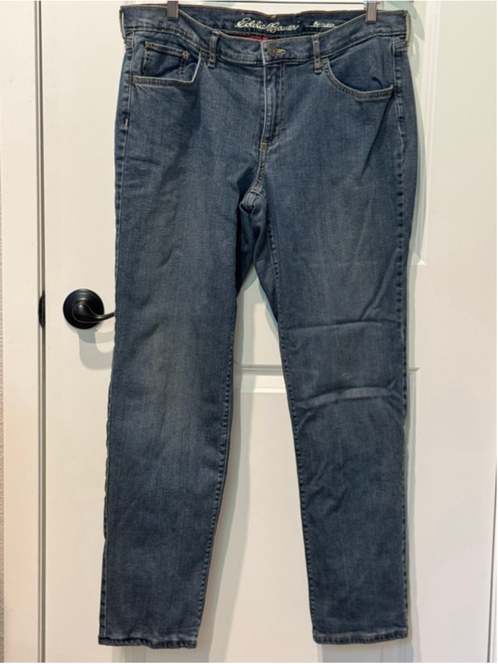 Women's Eddie Bauer Boyfriend Jeans Size 12 Blue with flannel Red Plaid Lining